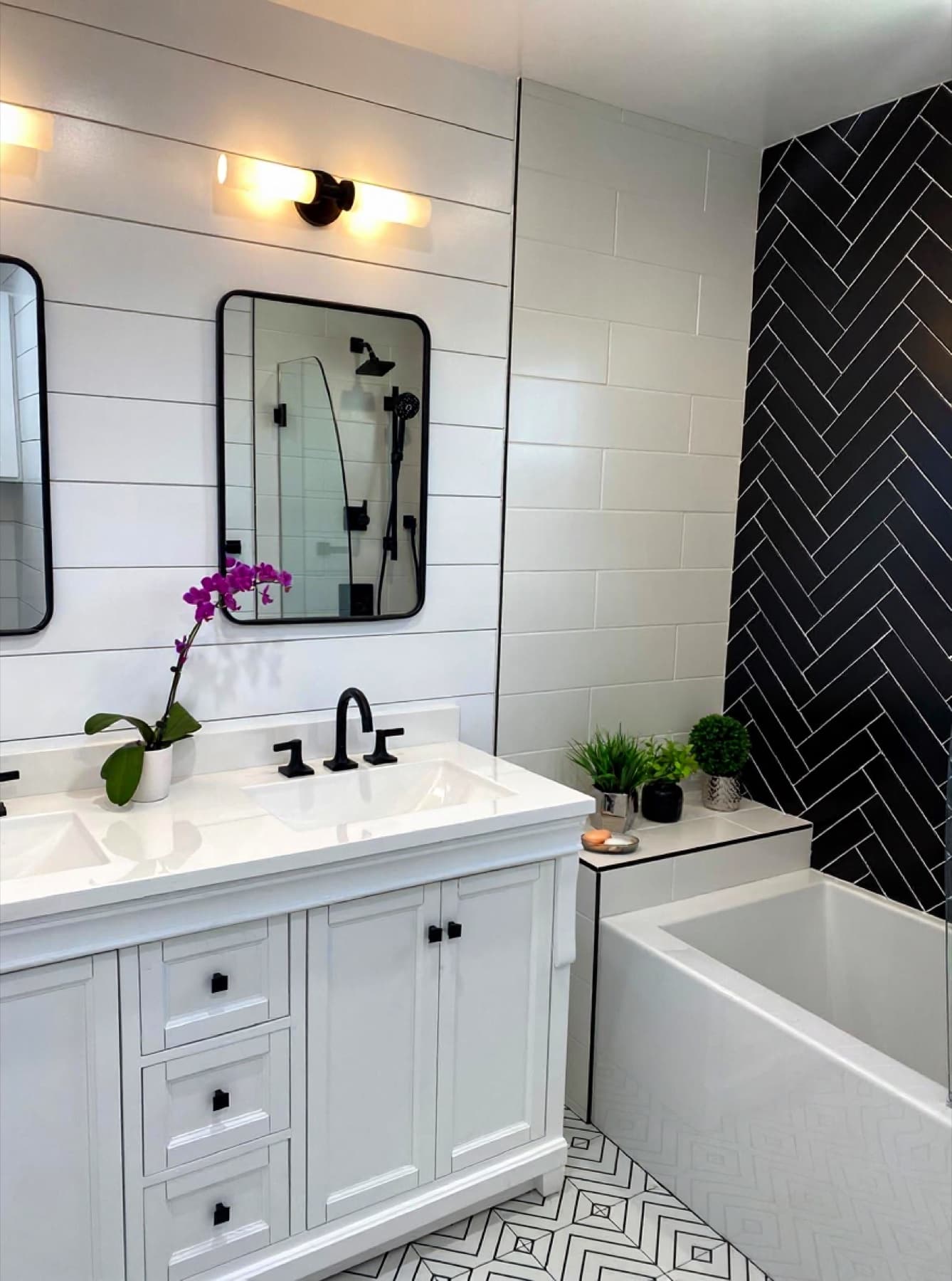 Modern farmhouse — white shiplap with black herringbone