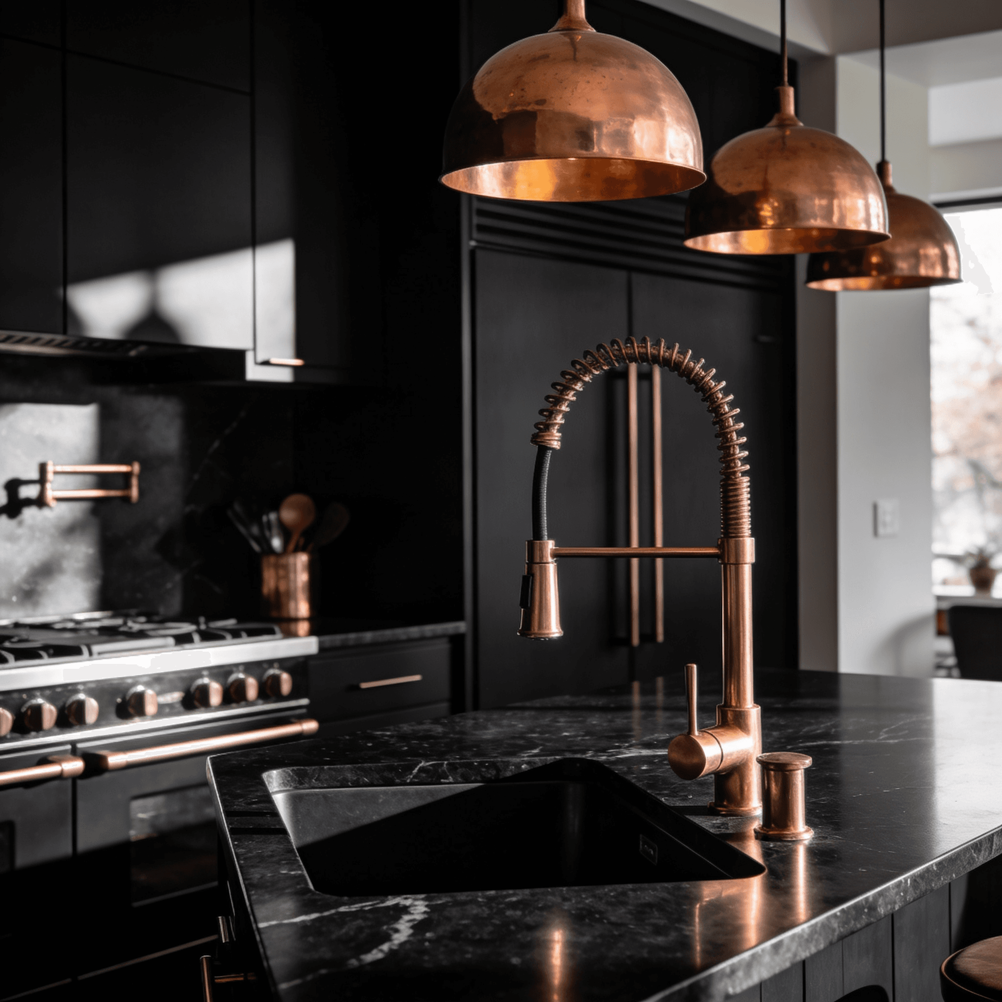 Matte black cabinets with copper fixtures
