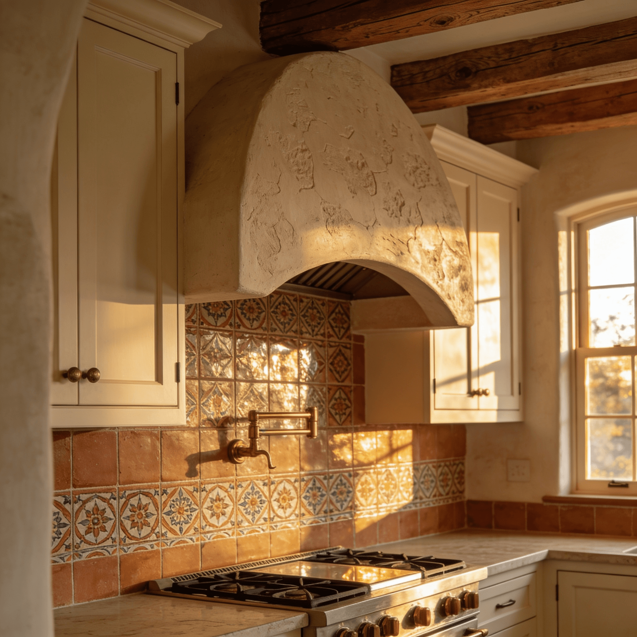 Mediterranean kitchen with arched plaster range hood