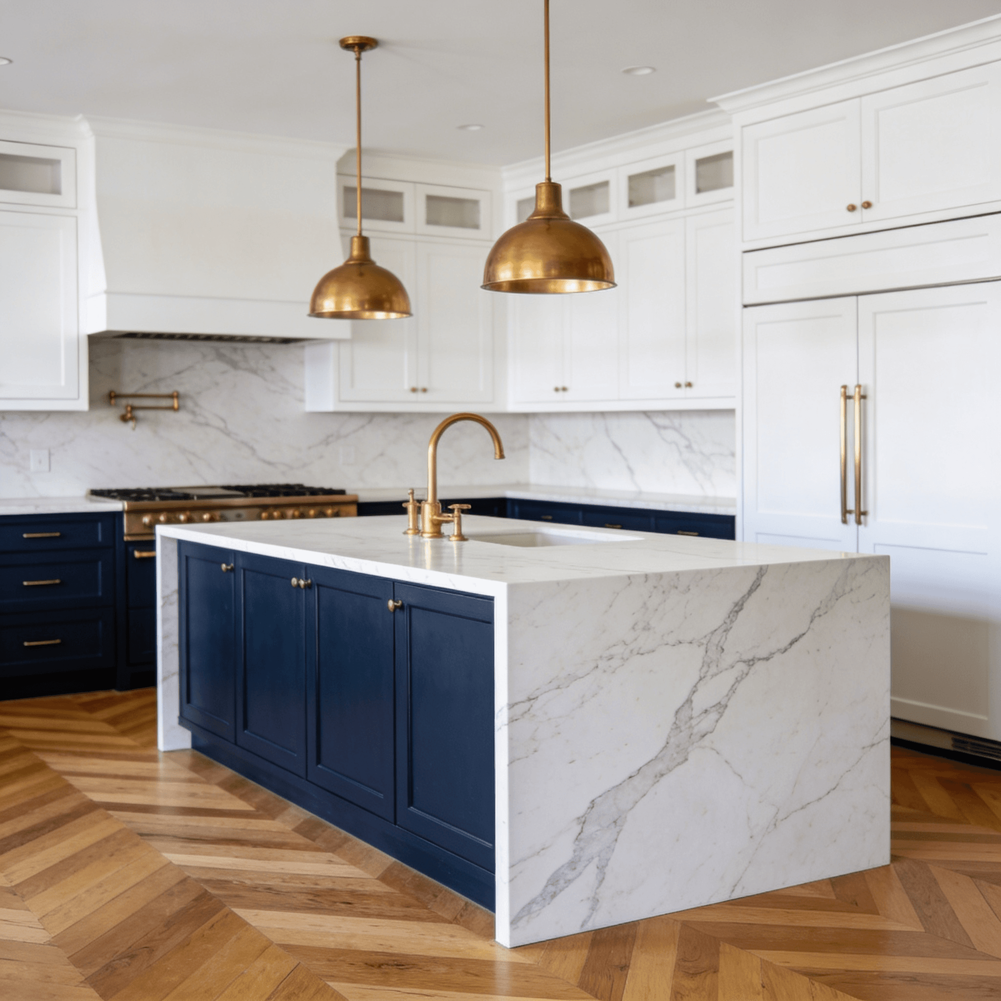 Two-tone navy and white with brass pendant lighting