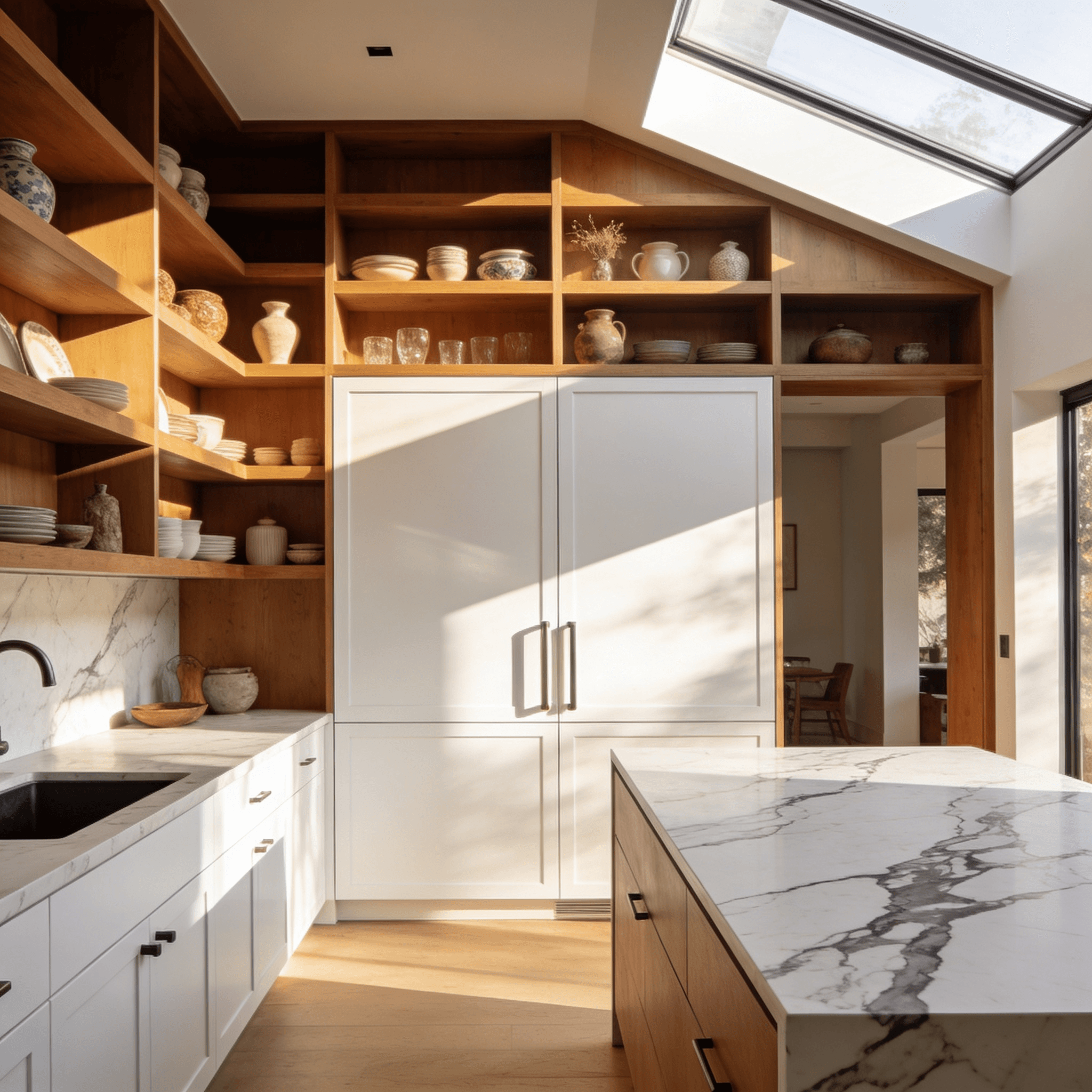 Open shelving with veined quartzite countertops