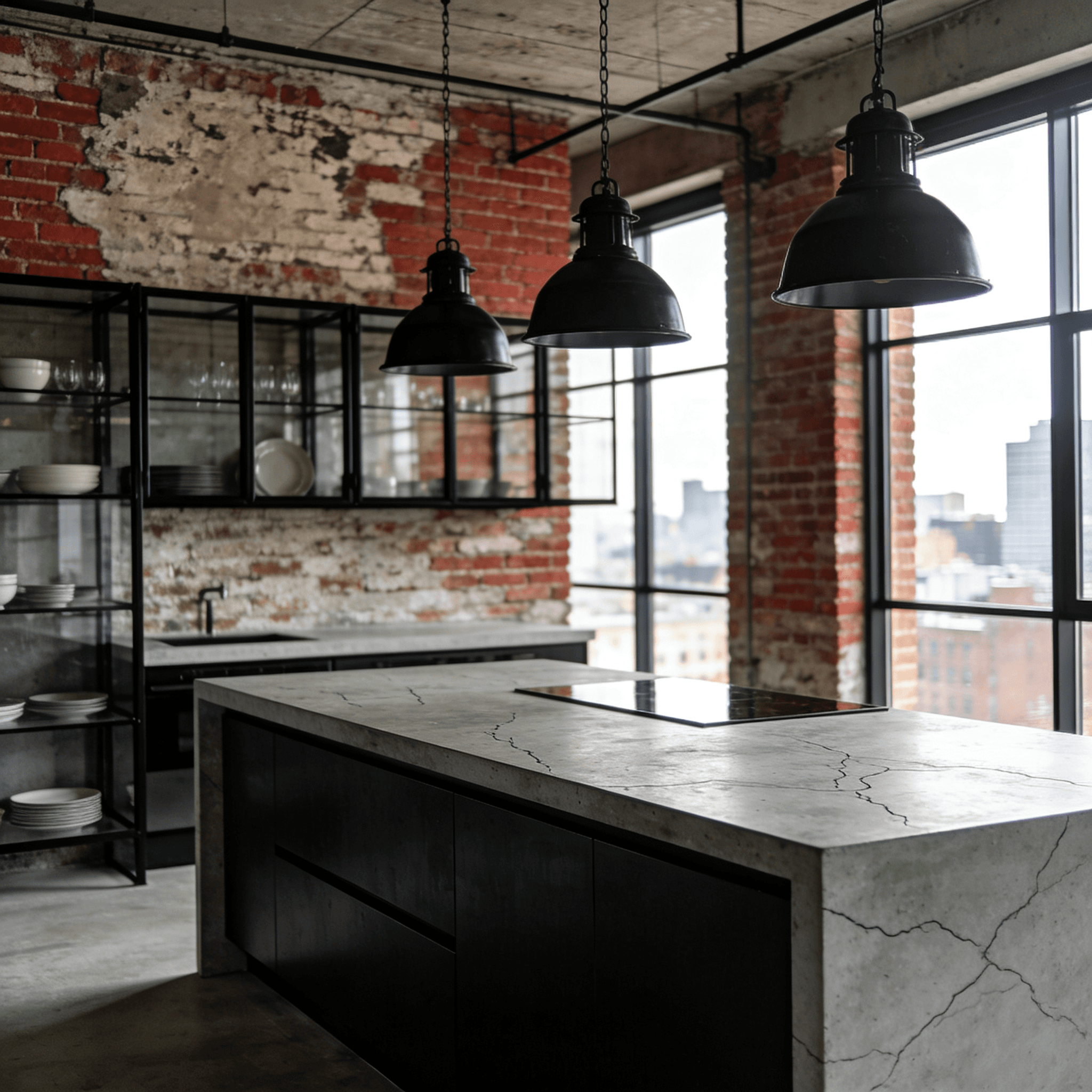 Industrial concrete counters with black steel frames