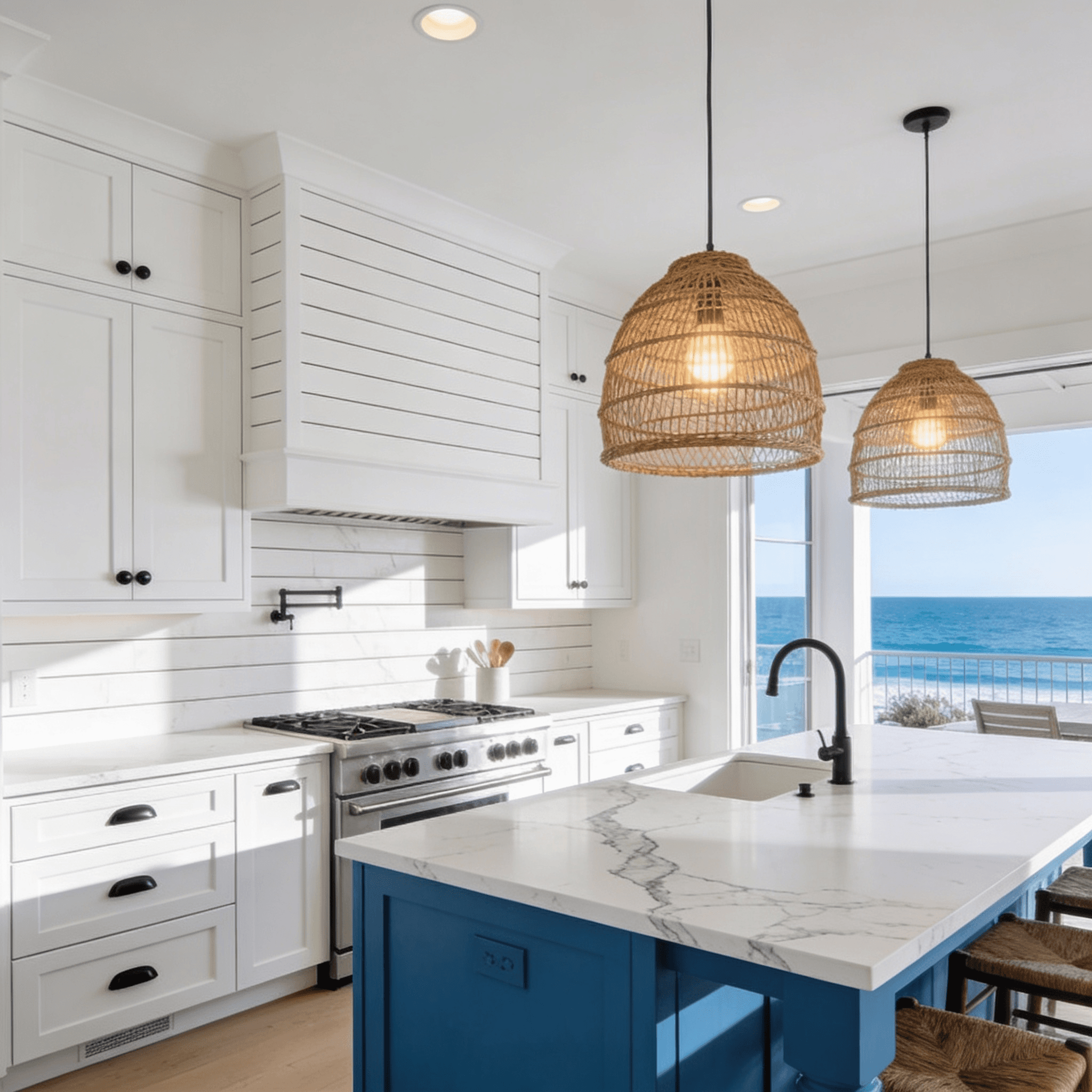 Coastal shiplap with shell-white shaker cabinets