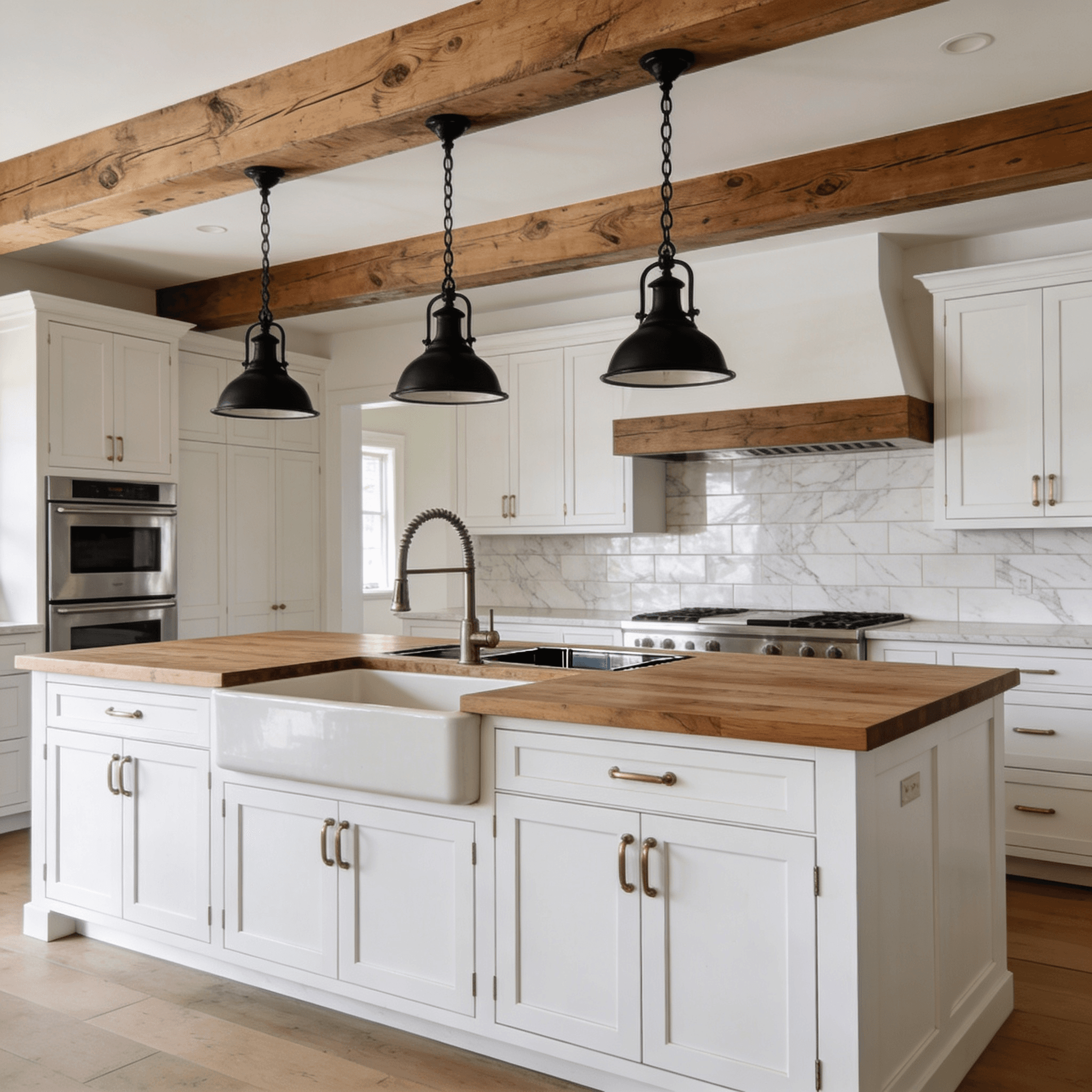 Modern farmhouse with fireclay apron sink and butcher block