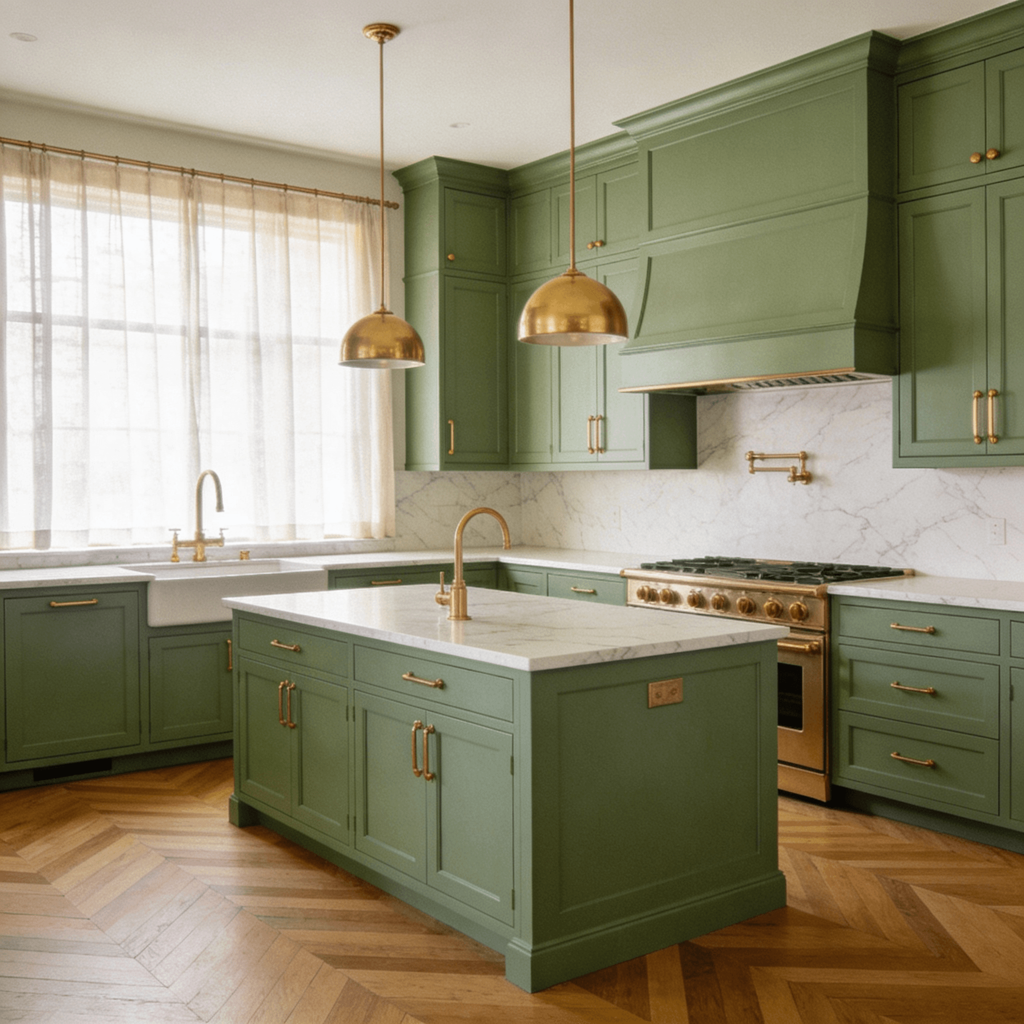 Sage green cabinets with gold fixtures, herringbone floor