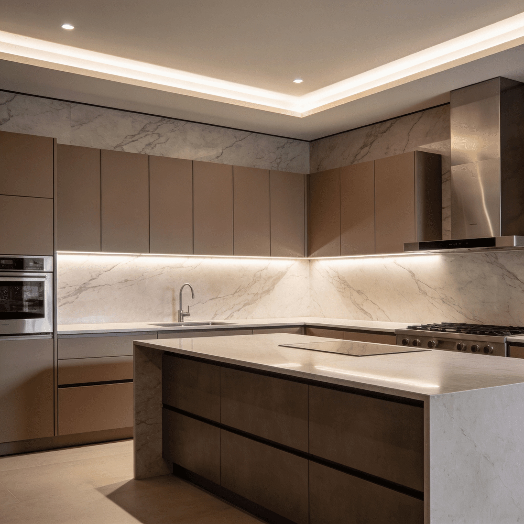 Minimalist handleless cabinets with waterfall island
