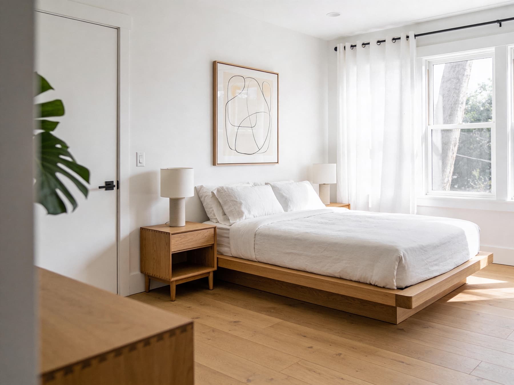 ADU bedroom with platform bed and natural light