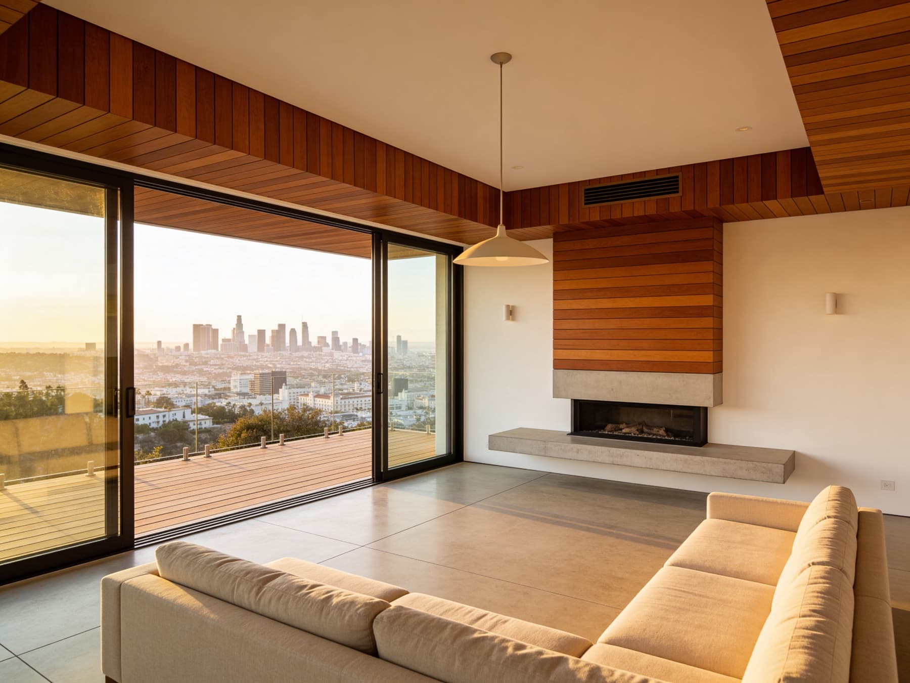 Living room with floor-to-ceiling glass overlooking the city