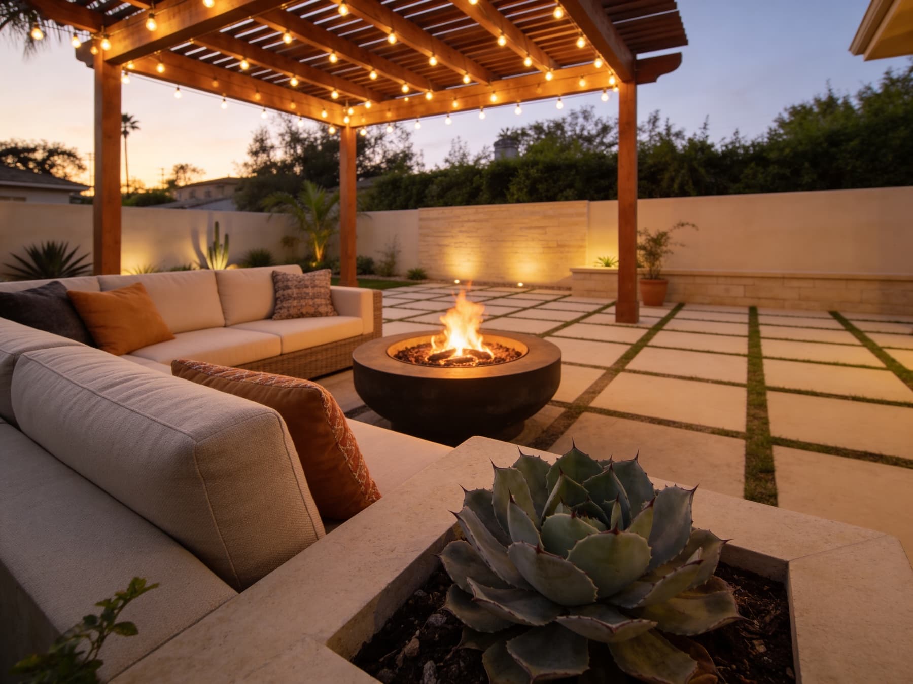 Outdoor BBQ with stone counters under pergola