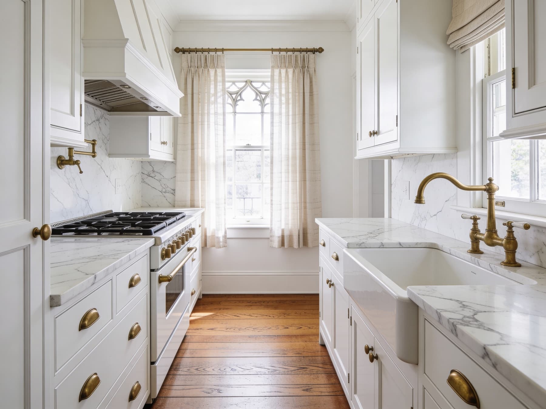 Renovated kitchen blending Victorian details and modern cabinetry